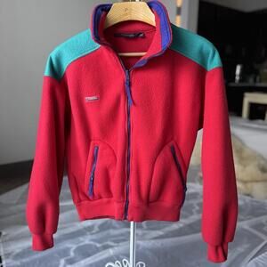 Vtg Columbia Full Zip Fleece Pile Red Colorblock Jacket 80s Made in USA Large L
